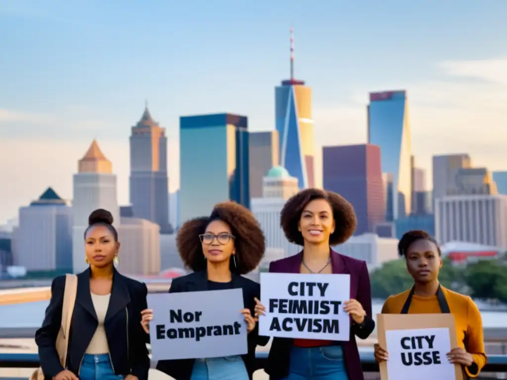 Grupo diverso de mujeres con carteles de protesta frente al horizonte urbano, representando el activismo feminista en redes sociales