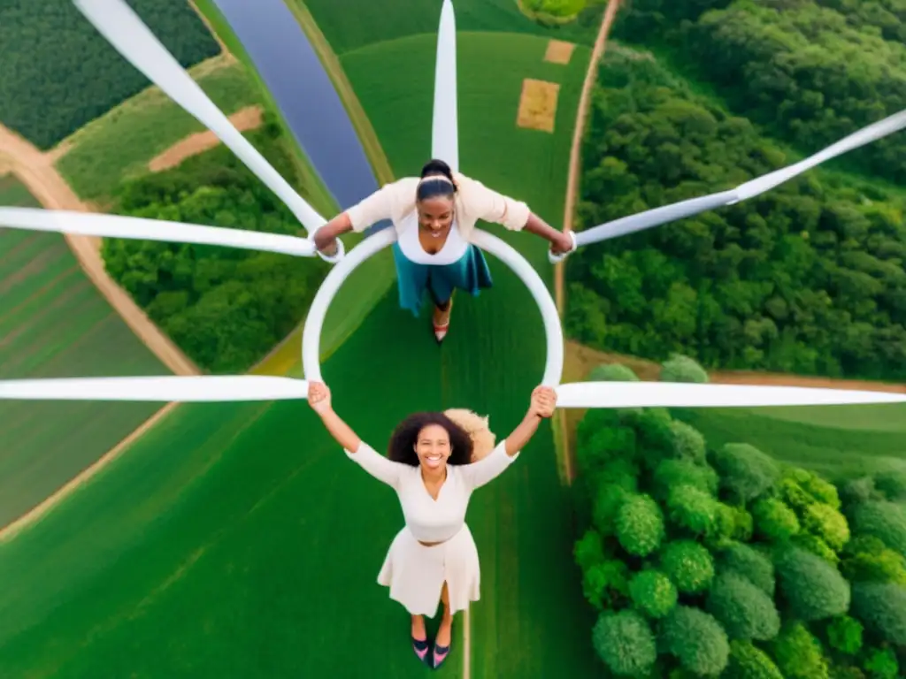 Un grupo diverso de mujeres se unen en círculo, rodeadas de naturaleza y energía renovable, representando el rol del género en justicia climática