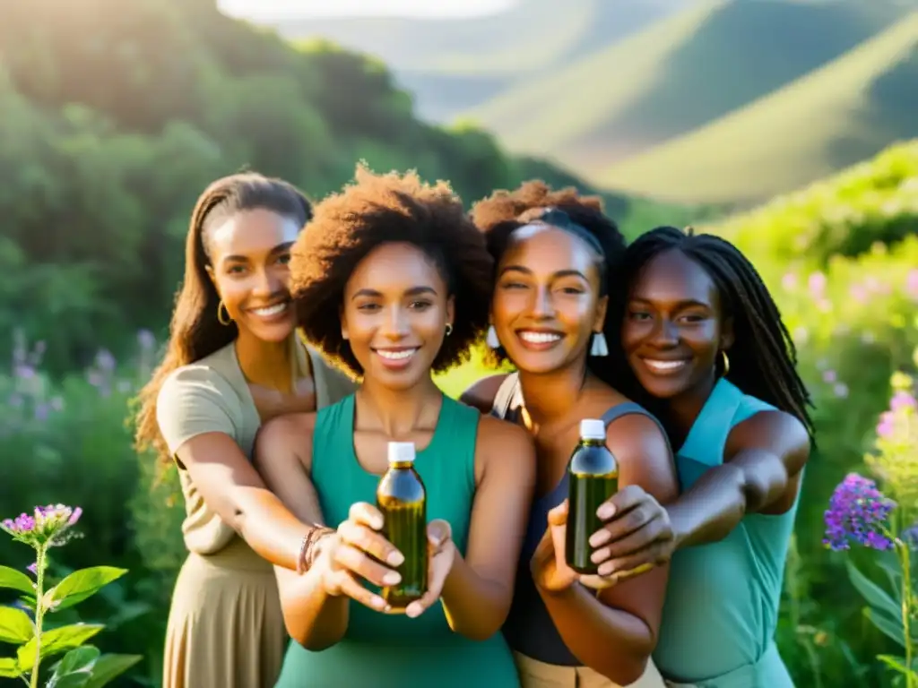 Un grupo diverso de mujeres en círculo, rodeadas de naturaleza, sosteniendo símbolos de activismo ambiental