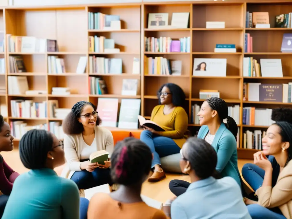 Grupo diverso de mujeres en círculo, discuten apasionadamente sobre libros esenciales de activismo de género en un ambiente cálido y lleno de energía