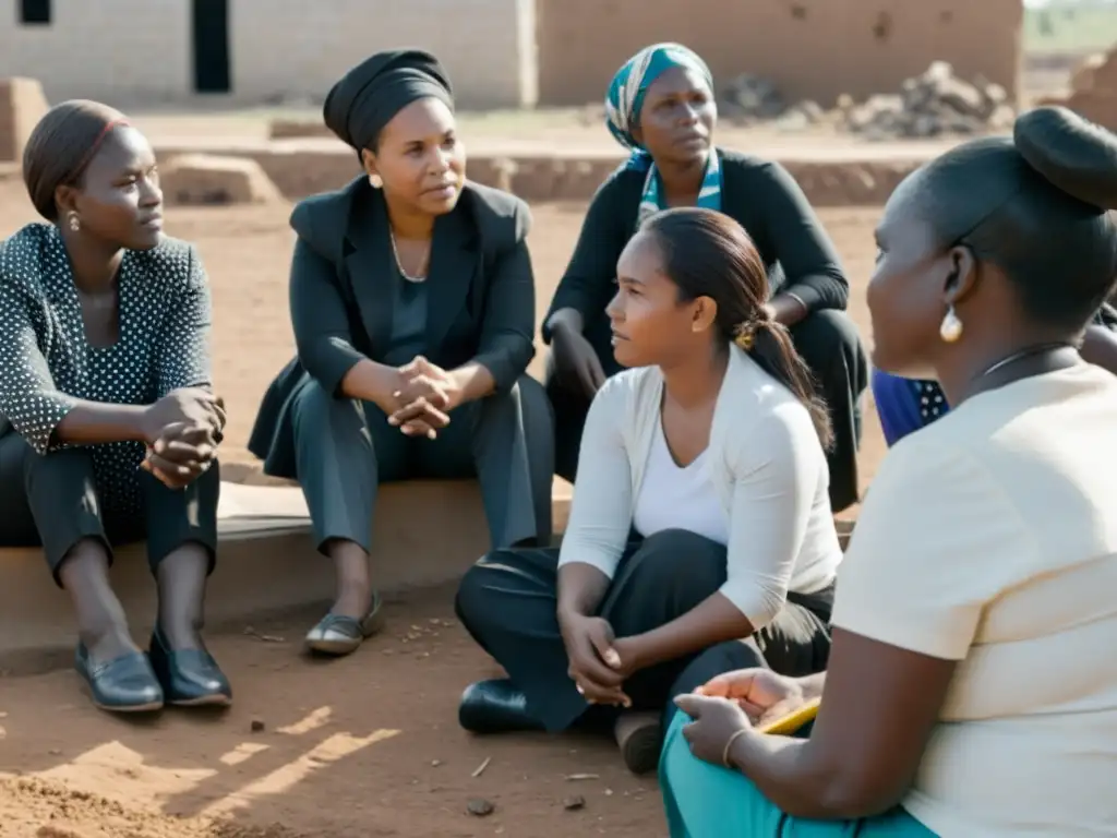 Un grupo diverso de mujeres se reúne en círculo en una comunidad rural postconflicto