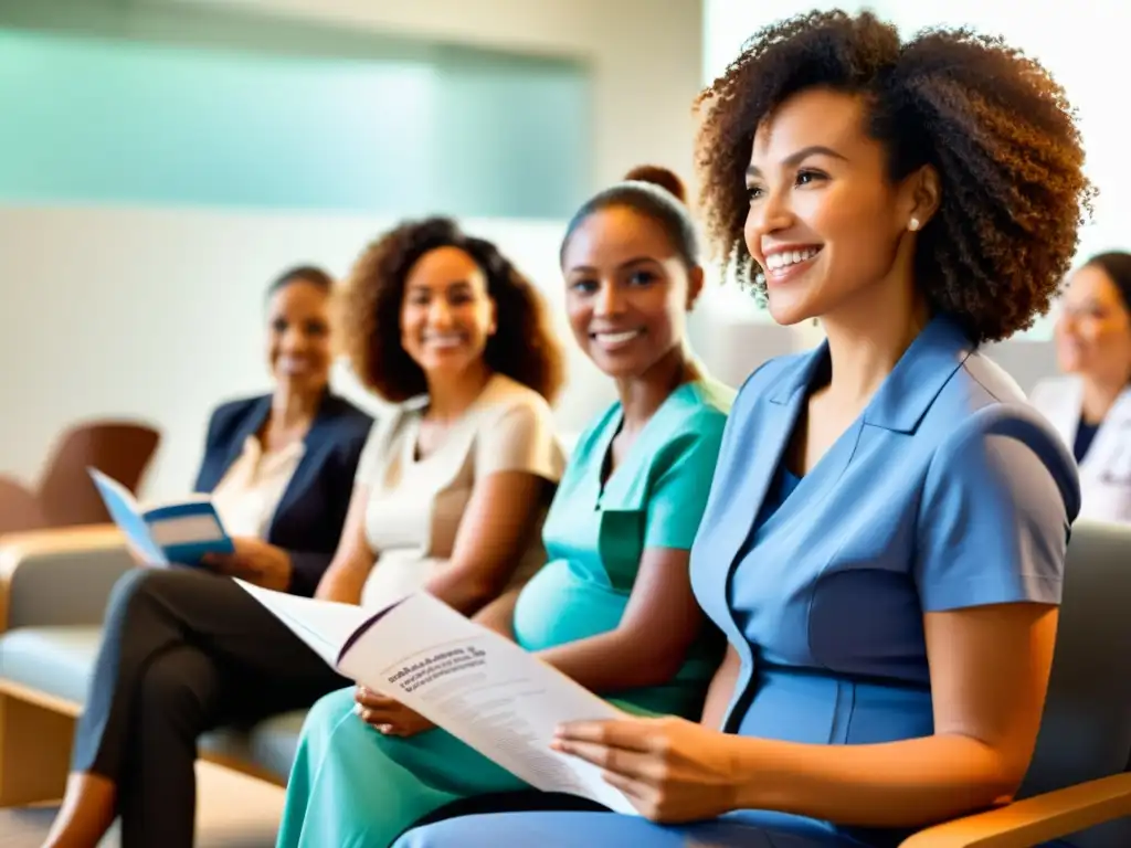 Grupo diverso de mujeres en una clínica de salud moderna, compartiendo y recibiendo atención