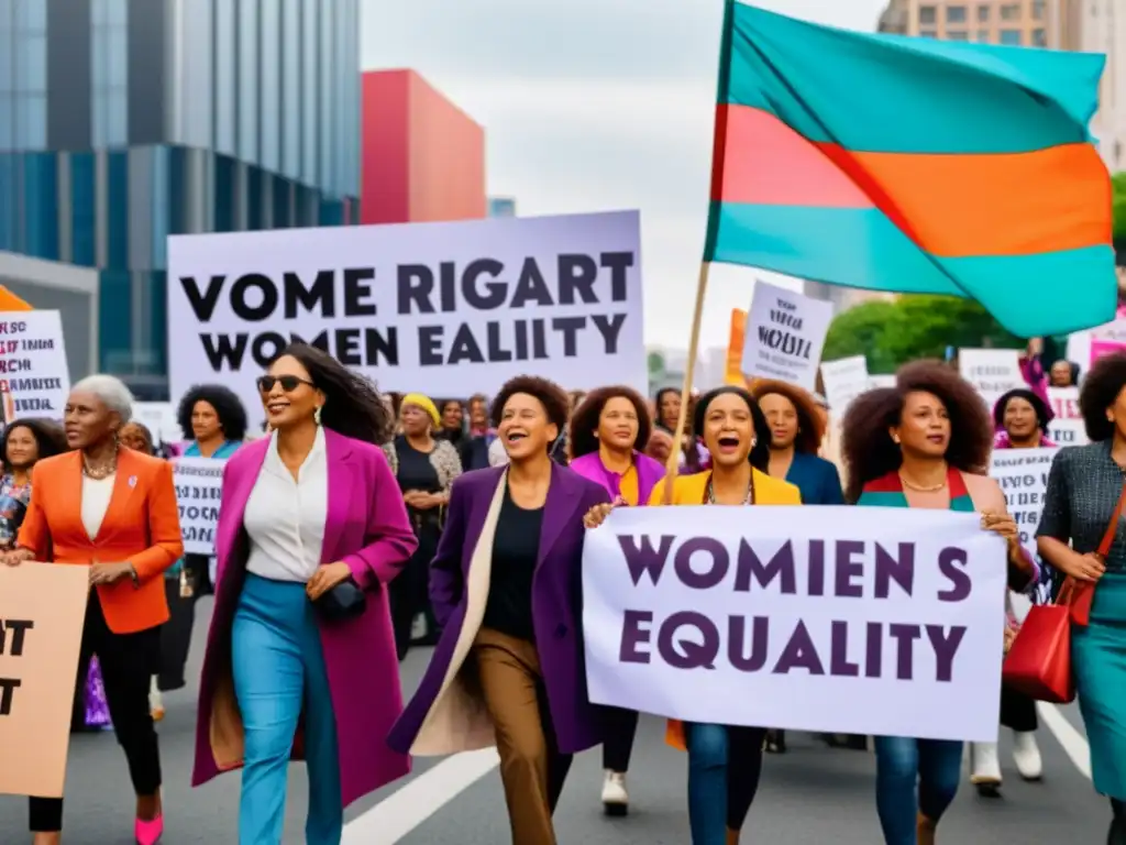 Grupo diverso de mujeres marcha por los derechos de la mujer en la ciudad, mostrando unidad y fortaleza