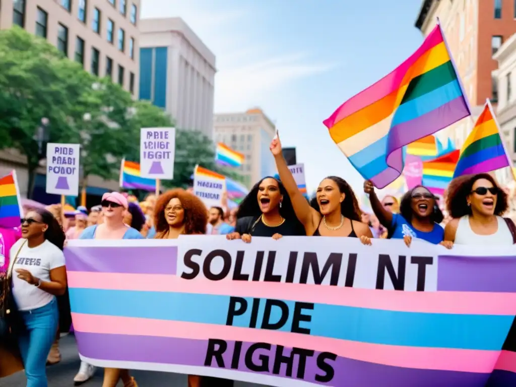 Un grupo diverso de mujeres transgénero marcha con determinación en un desfile del orgullo, rodeadas de coloridas banderas y seguidores