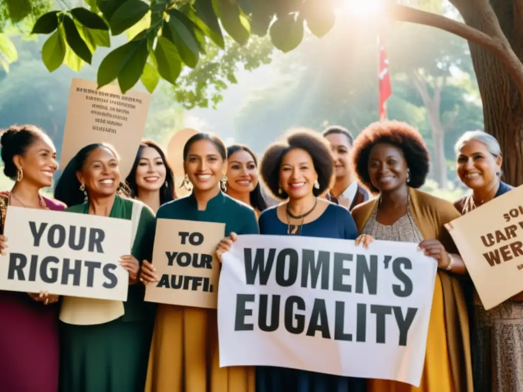 Un grupo diverso de mujeres de diferentes edades y etnias, unidas en la lucha por los derechos de la mujer y la igualdad de género