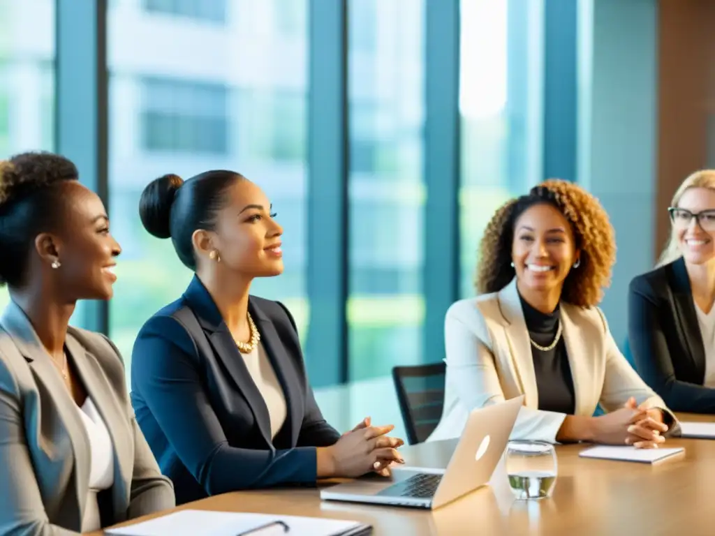 Un grupo diverso de mujeres empleadas de diferentes empresas globales participa en un taller de liderazgo y empoderamiento