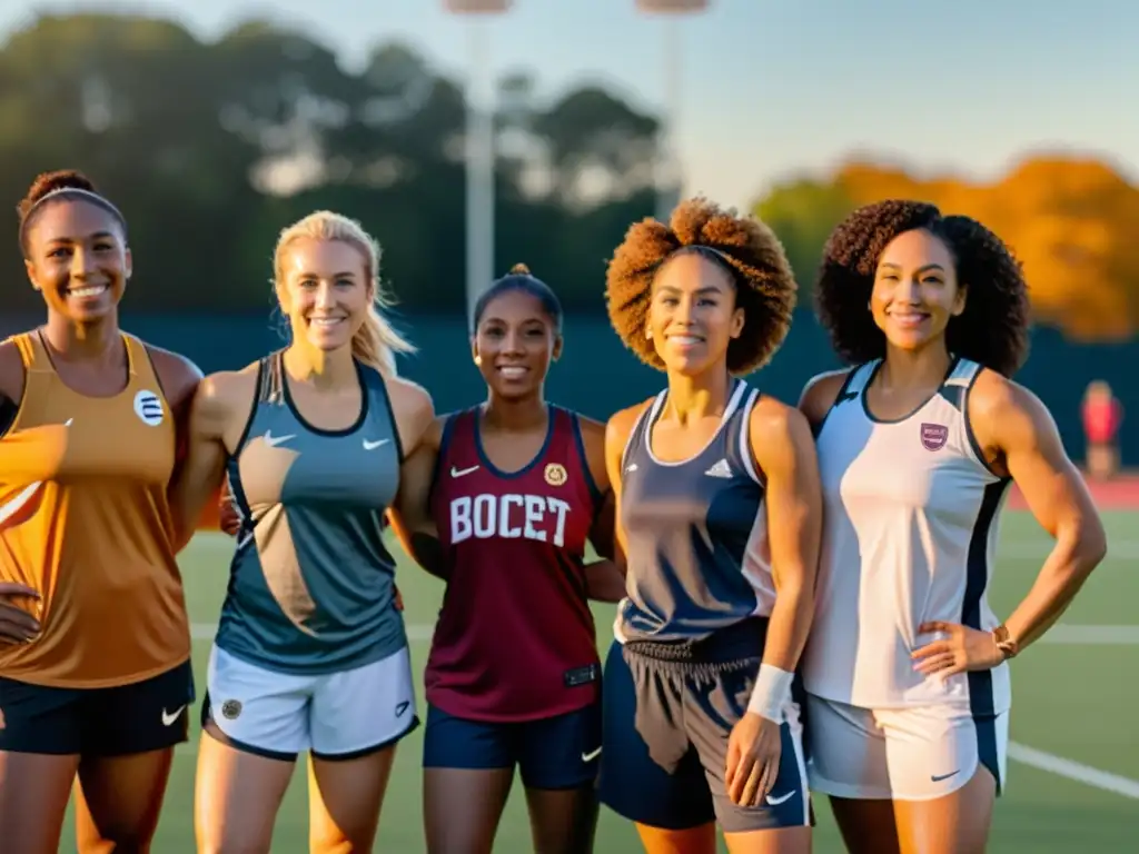 Grupo diverso de mujeres empoderadas practicando deportes al atardecer, destacando el rol de las mujeres en el deporte