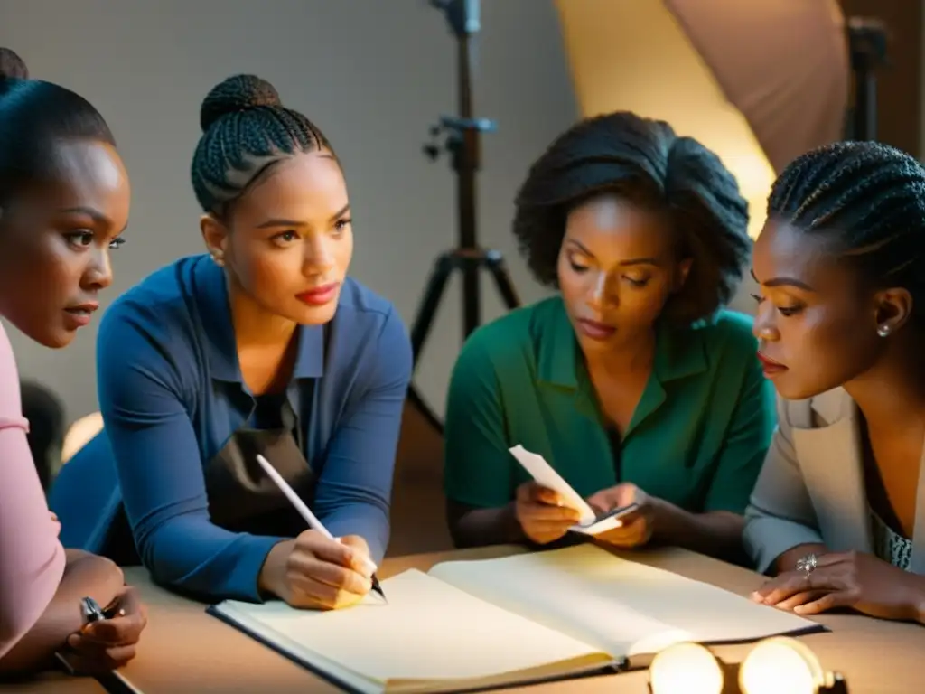Mujeres creativas detrás del cine: pasión y determinación Un grupo diverso de mujeres trabajando detrás de escena en un set de filmación, mostrando determinación y pasión