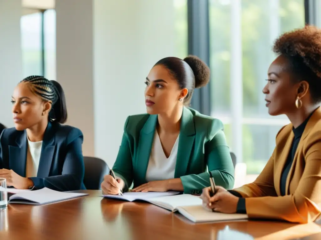 Grupo diverso de mujeres estrategiando para enfrentar la brecha salarial de género, empoderadas y determinadas en una atmósfera cálida y luminosa