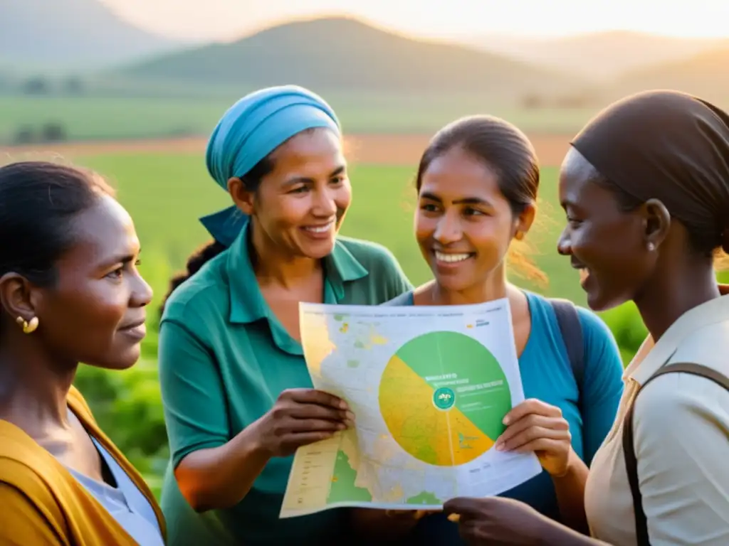 Un grupo diverso de mujeres discute estrategias de adaptación al cambio climático en una comunidad rural al atardecer