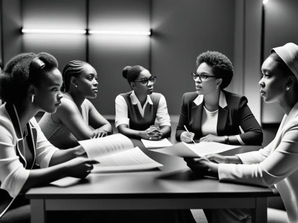 Mujeres en la industria del cine: colaboración creativa Un grupo diverso de mujeres en un estudio de cine, colaborando y discutiendo