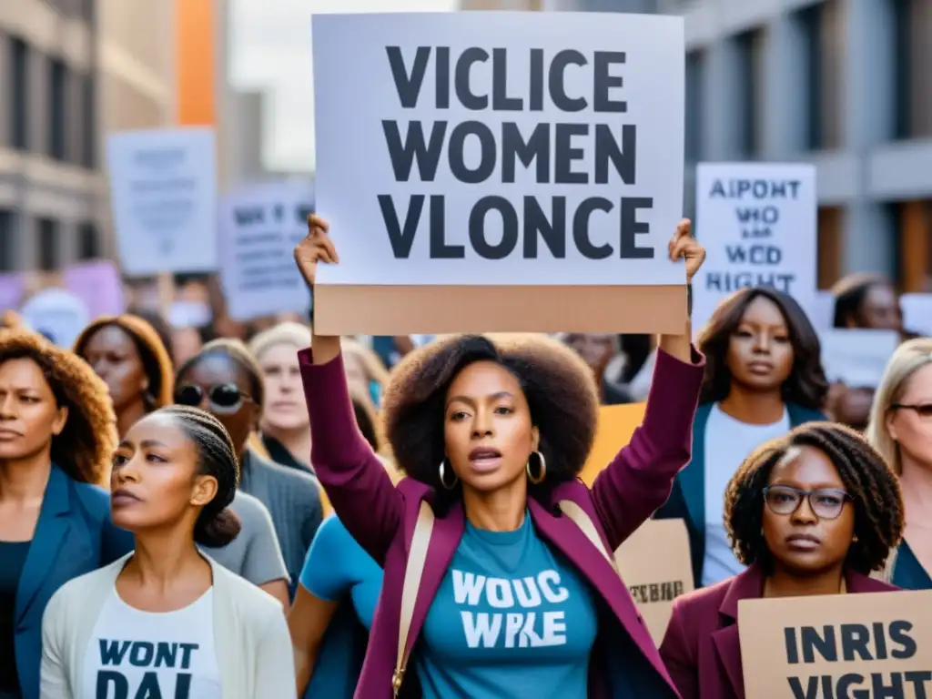 Mujeres valientes en protesta por los derechos y contra la violencia Un grupo diverso de mujeres muestra determinación y fortaleza en una protesta por los derechos de la mujer y el fin de la violencia