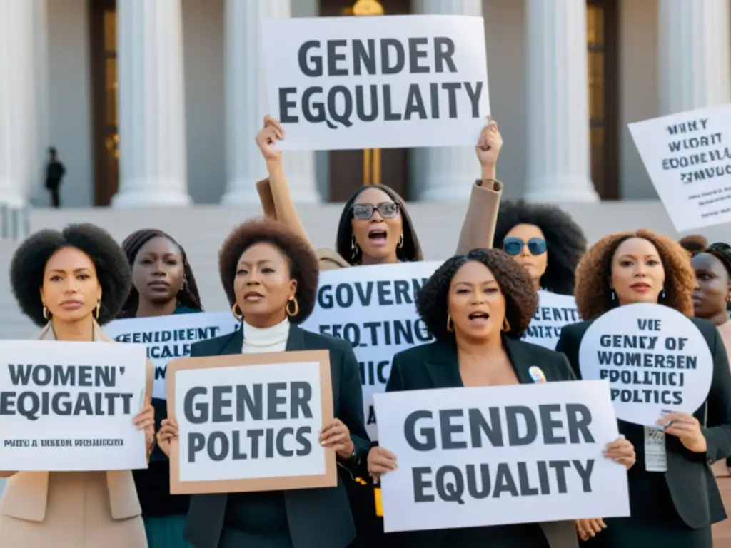 Grupo diverso de mujeres frente a un edificio gubernamental, sosteniendo pancartas por la representación femenina en la política global