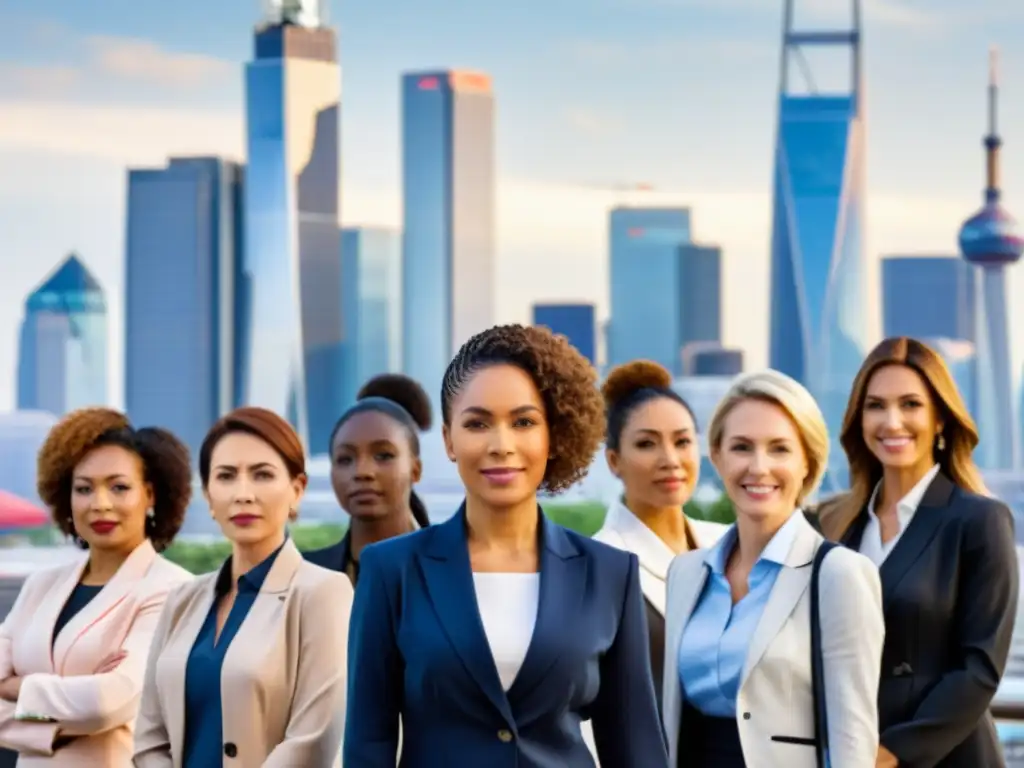 Grupo diverso de mujeres frente a la ciudad, representando la diversidad laboral y la lucha por la igualdad salarial mujeres siglo XXI