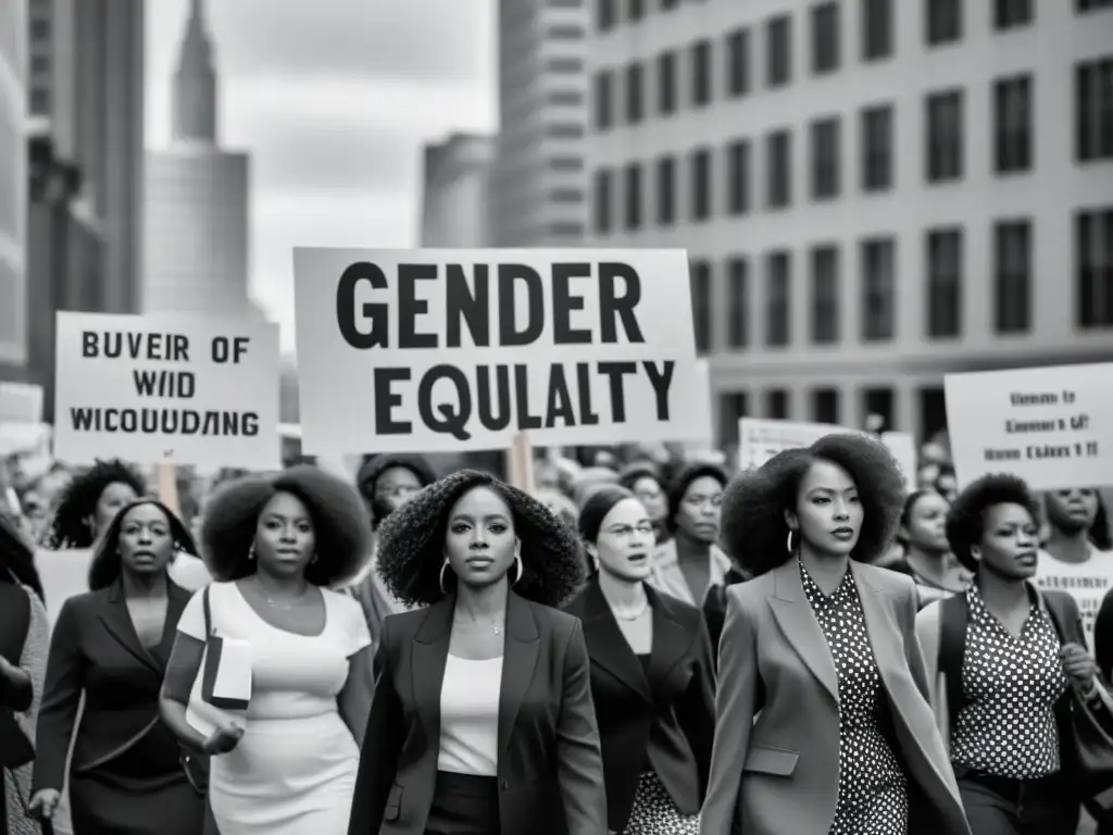 Grupo diverso de mujeres marchando por la igualdad de género en la ciudad