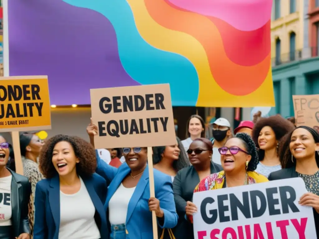 Grupo diverso de mujeres en manifestación por la igualdad de género, reflejando la fuerza y determinación de ONU Mujeres