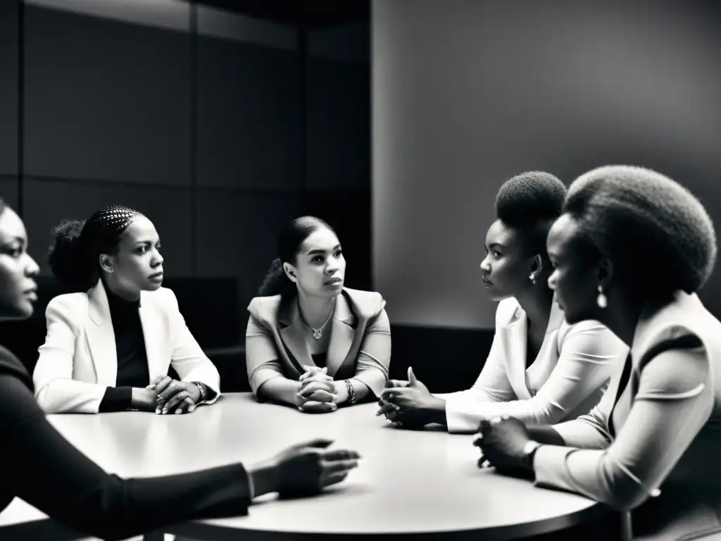 Un grupo diverso de mujeres en intensa discusión en una sala de reuniones, destacando la importancia del género en la resolución de conflictos