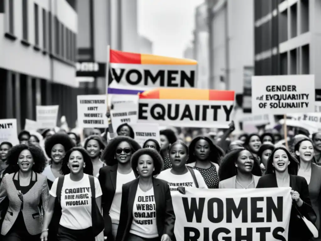 Grupo diverso de mujeres marchando juntas en la calle de la ciudad, mostrando solidaridad y activismo por la evolución del feminismo en el siglo XXI