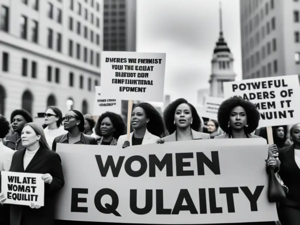 Un grupo diverso de mujeres marcha juntas en una protesta, sosteniendo pancartas con mensajes feministas poderosos