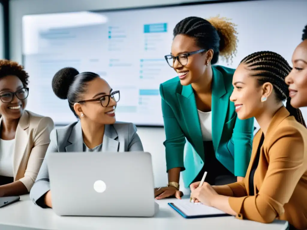 Grupo diverso de mujeres trabajando juntas en un espacio tecnológico moderno, colaborando en la resolución de problemas