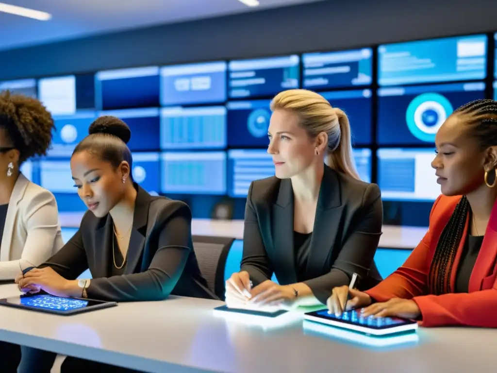 Grupo diverso de mujeres trabajando juntas en una oficina tecnológica moderna, mostrando el rol de la mujer en tecnología