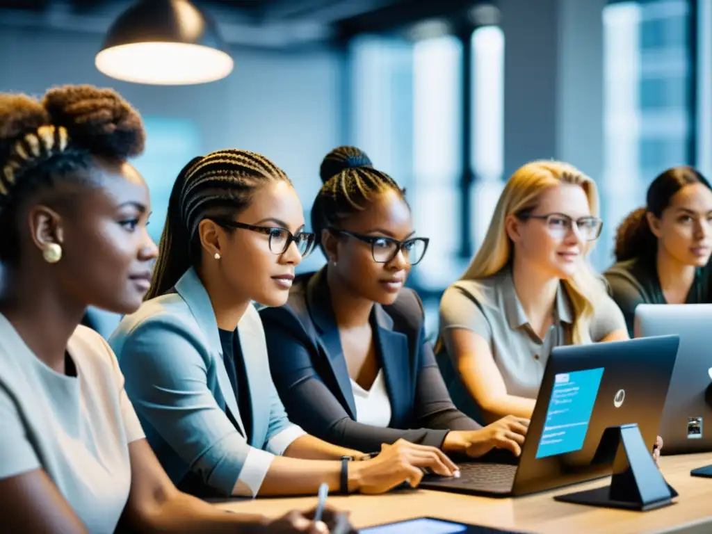 Grupo diverso de mujeres codificando juntas en un espacio tech; destacando el rol de la mujer en tecnología