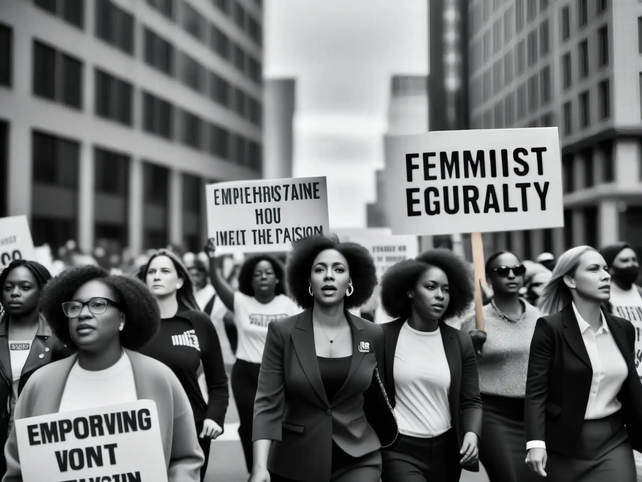 Grupo diverso de mujeres marchando juntas en protesta, mostrando determinación y unidad por la evolución del feminismo en el siglo XXI