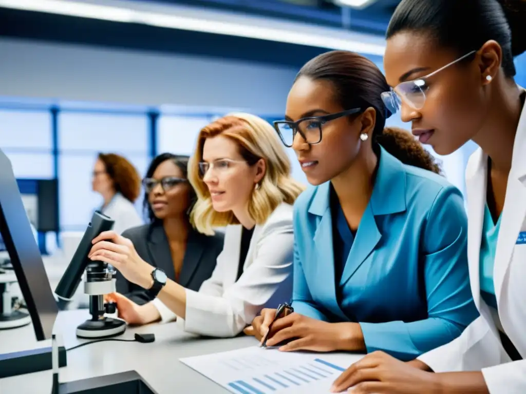 Un grupo diverso de mujeres trabaja juntas en un laboratorio de tecnología y ciencia, cerrando la brecha de género con pasión e intensidad