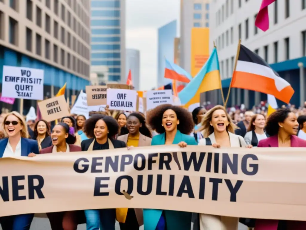 Grupo diverso de mujeres marchando juntas en una protesta por la igualdad de género en la ciudad, mostrando estrategias efectivas de activismo feminista