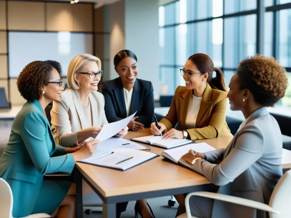 Grupo diverso de mujeres trabajando juntas en la oficina, mostrando profesionalismo y determinación