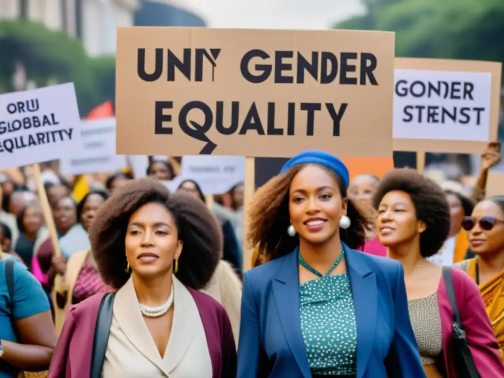 Grupo diverso de mujeres marchando juntas en protesta feminista global, mostrando unidad y diversidad cultural en movimientos feministas