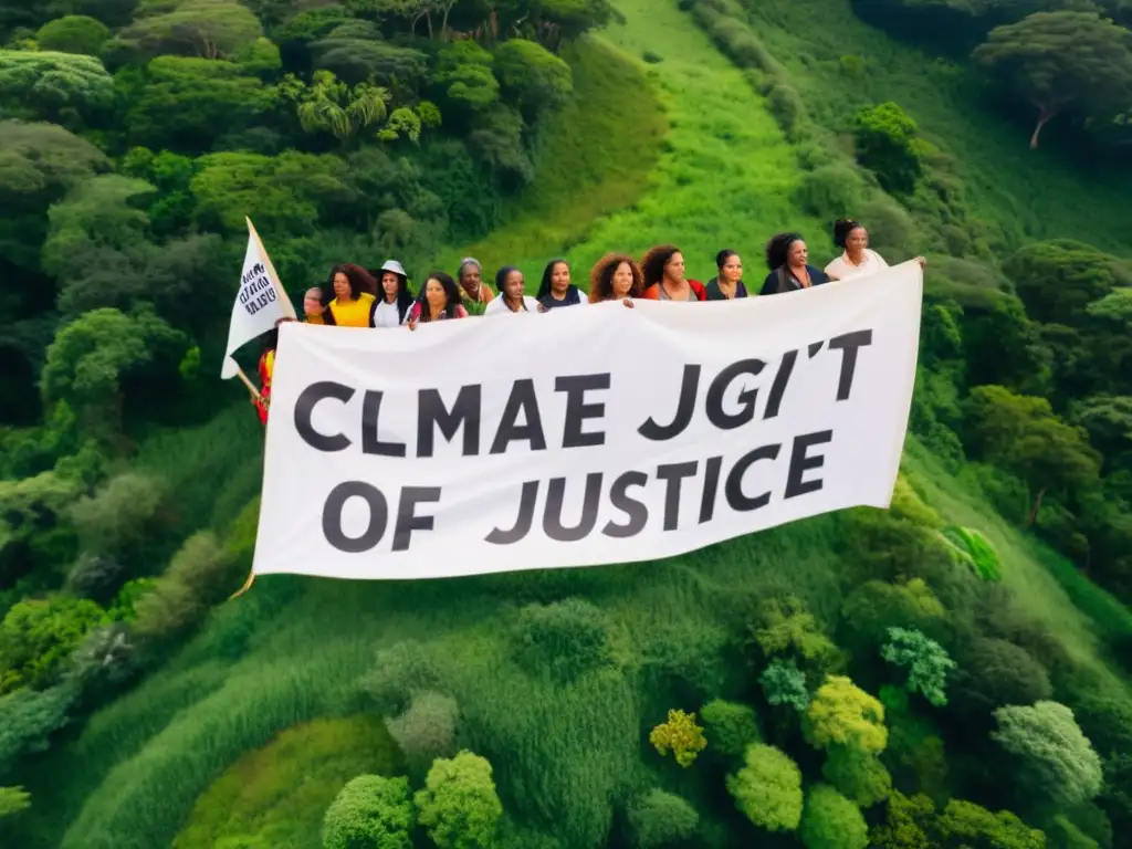 Un grupo diverso de mujeres marcha juntas en protesta por la justicia climática, destacando el rol del género en la lucha