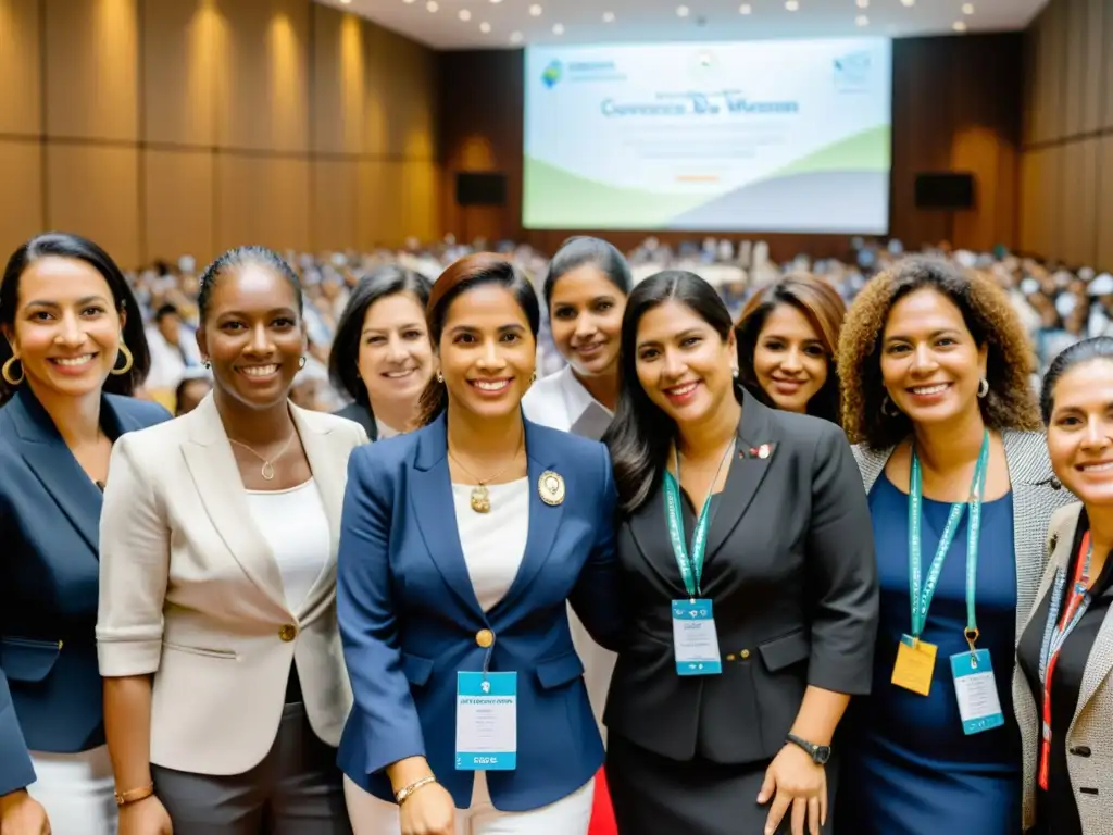 Conferencia de mujeres latinoamericanas contra la violencia de género Un grupo diverso de mujeres latinas se reúne en una conferencia para abordar la Convención de Belém do Pará y la lucha contra la violencia hacia la mujer, demostrando confianza y determinación en su trabajo conjunto