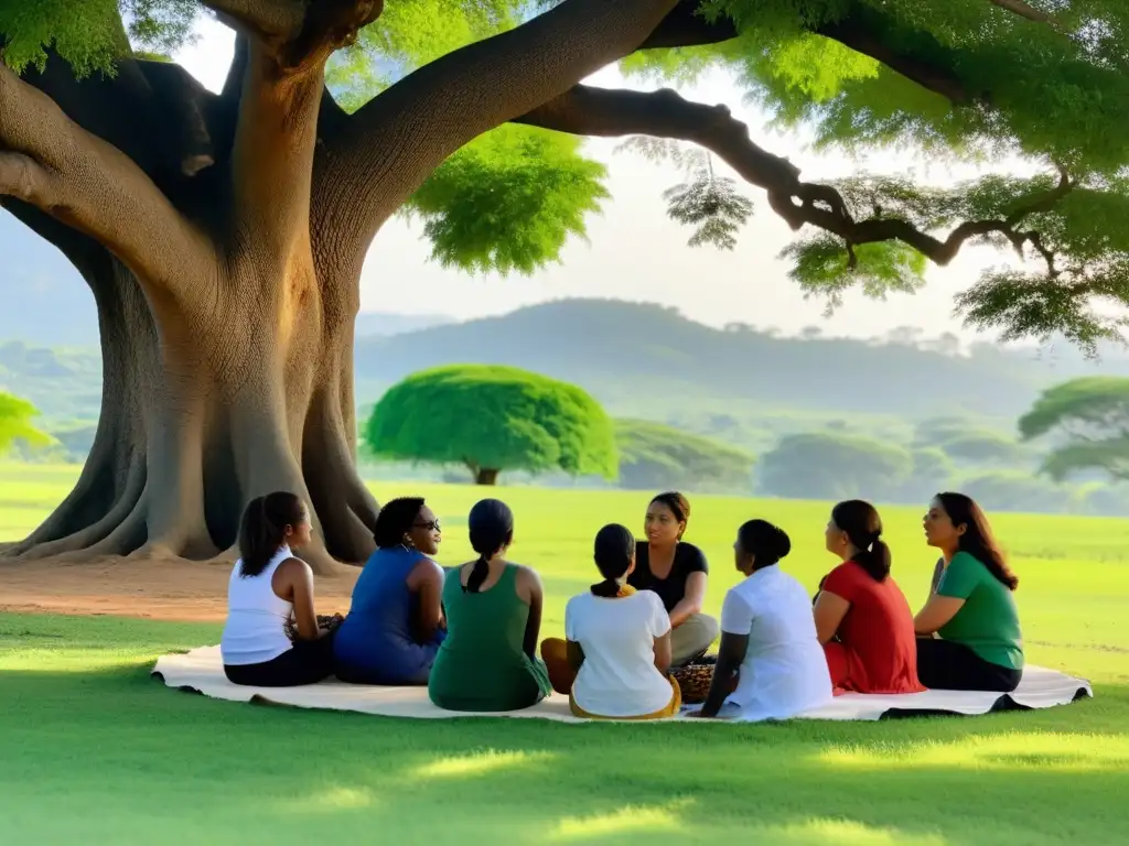 Grupo diverso de mujeres líderes, reunidas bajo un árbol, discutiendo con determinación