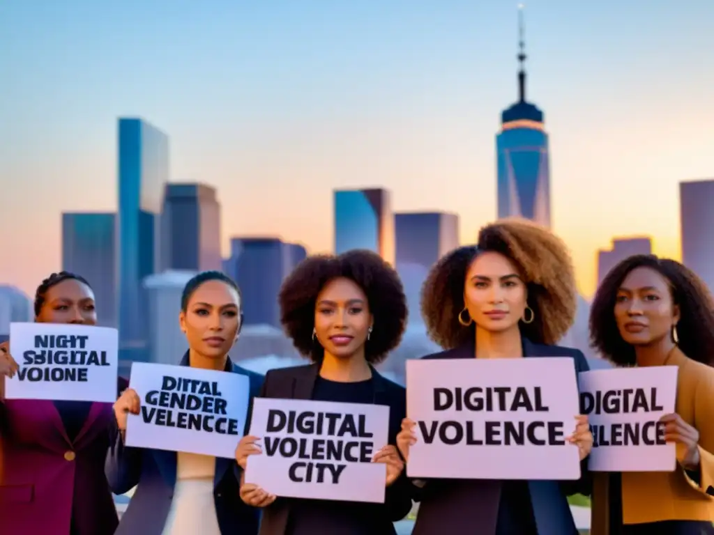 Grupo diverso de mujeres unidas en la lucha contra la violencia de género digital, mostrando determinación y fuerza, con carteles de empoderamiento