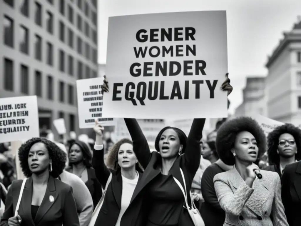 Grupo diverso de mujeres marchando en manifestación por la igualdad de género, mostrando determinación y empoderamiento