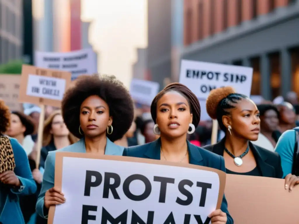 Un grupo diverso de mujeres marcha en una manifestación, sosteniendo pancartas con mensajes de empoderamiento