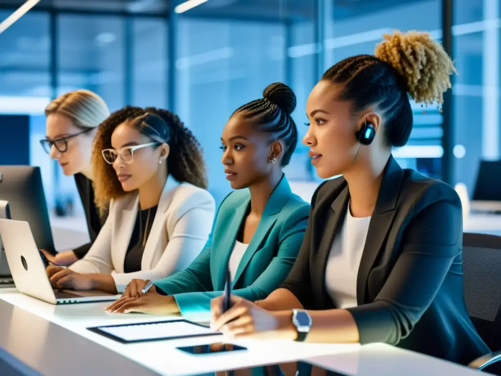 Un grupo diverso de mujeres colabora con determinación en un moderno espacio de trabajo tecnológico, destacando su rol en tecnología