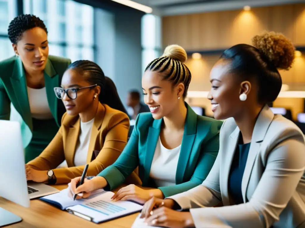 Grupo diverso de mujeres colaborando en un moderno espacio de oficina, mostrando profesionalismo y colaboración