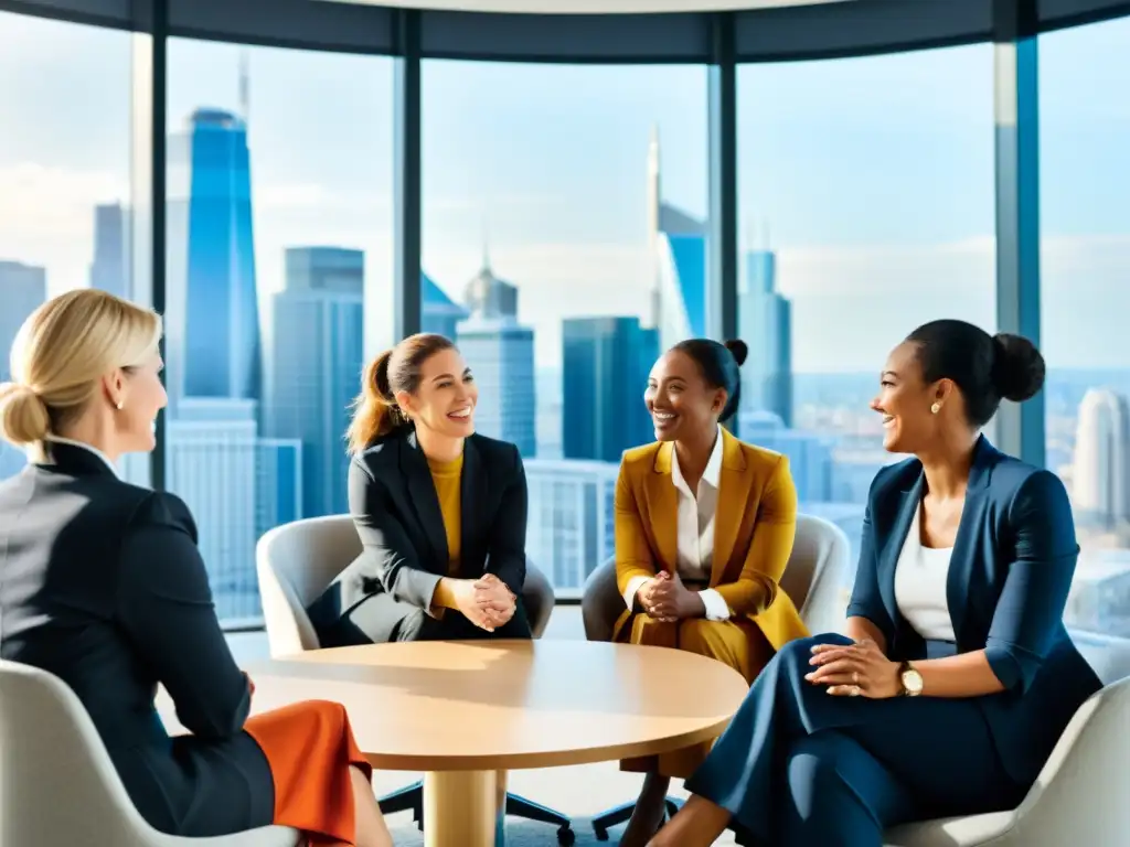 Grupo diverso de mujeres de negocios empoderadas, colaborando en un entorno global corporativo