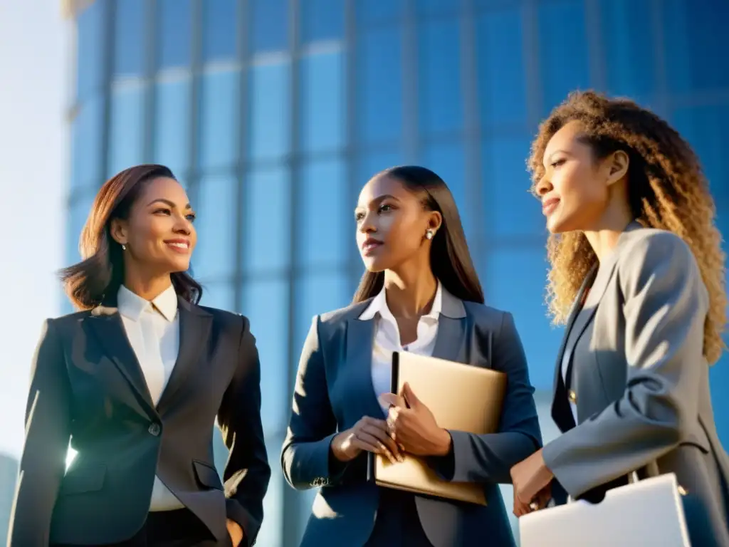 Un grupo diverso de mujeres de negocios frente a un edificio moderno, proyectando confianza y determinación