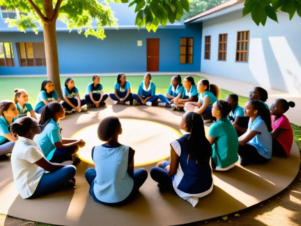 Grupo diverso de mujeres y niñas empoderadas en una animada discusión sobre derechos humanos y educación en el patio escolar