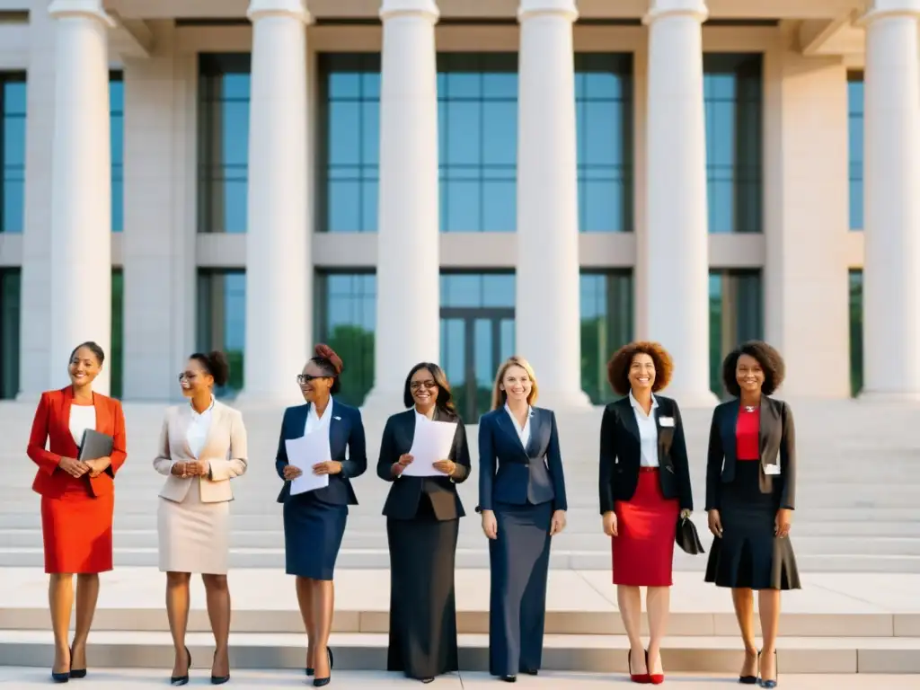 Un grupo diverso de mujeres de diferentes países y orígenes, vistiendo atuendos profesionales, se reúnen frente a un edificio gubernamental