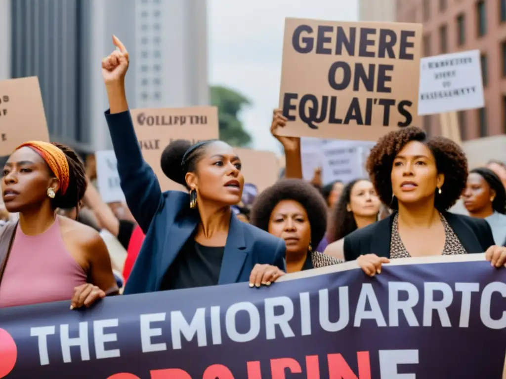 Grupo diverso de mujeres marchando con pancartas en protesta por la igualdad de género, mostrando determinación y solidaridad en estrategias efectivas de activismo feminista