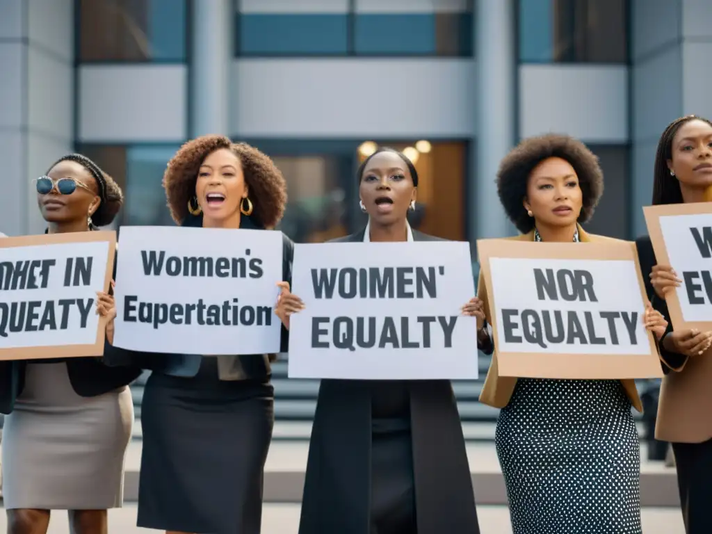 Un grupo diverso de mujeres sostiene pancartas con mensajes poderosos frente a un edificio de medios