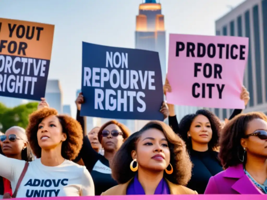 Un grupo diverso de mujeres sostiene pancartas en una protesta por los derechos reproductivos autónomos amenazados, con expresiones determinadas y un horizonte urbano de fondo