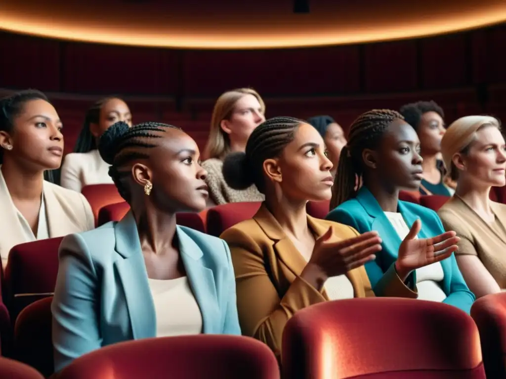 Un grupo diverso de mujeres y personas no binarias discuten apasionadamente después de ver una película con perspectiva de género en un teatro