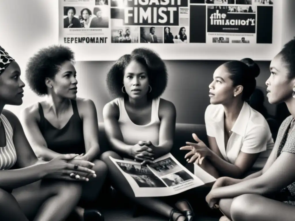 Un grupo diverso de mujeres discute apasionadamente perspectivas feministas en el cine, rodeadas de carteles de películas feministas icónicas