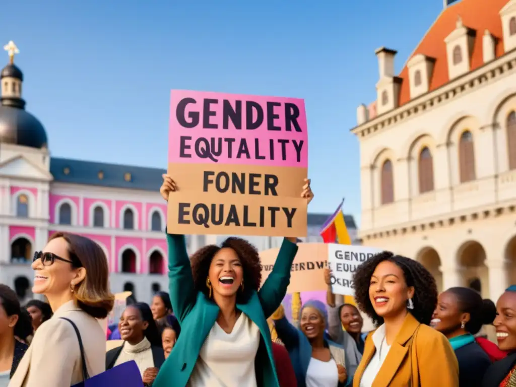 Un grupo diverso de mujeres en una plaza de ciudad, sosteniendo carteles coloridos por la igualdad de género