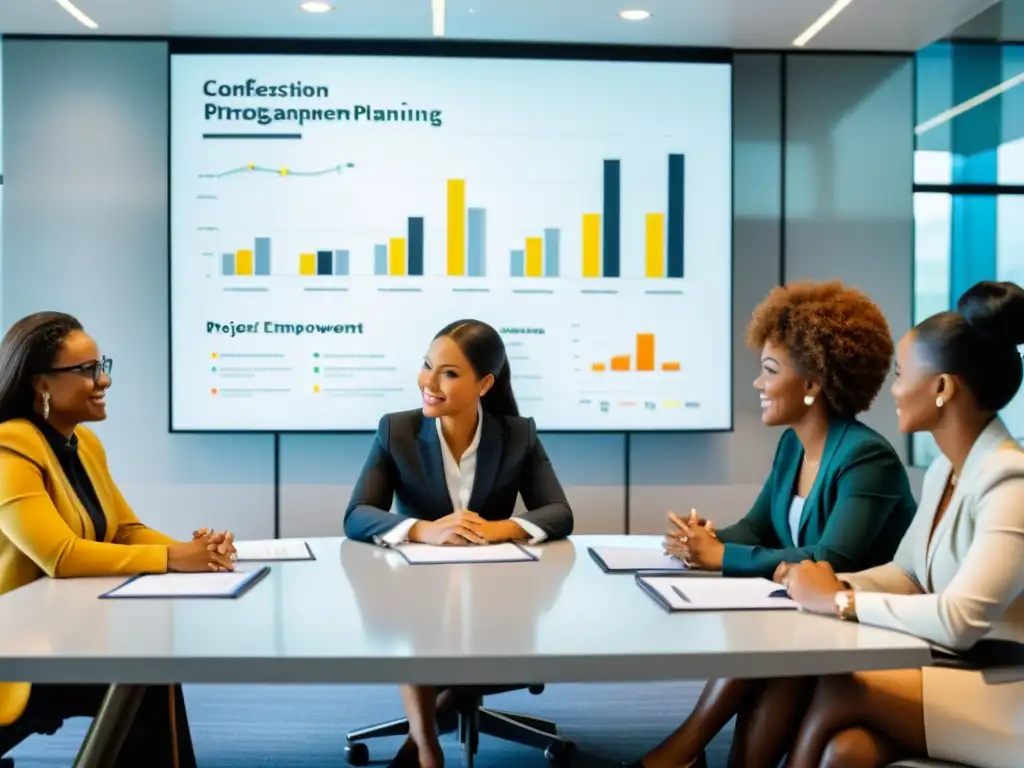 Un grupo diverso de mujeres profesionales, colaborando en una mesa de conferencias con gráficos en pantalla